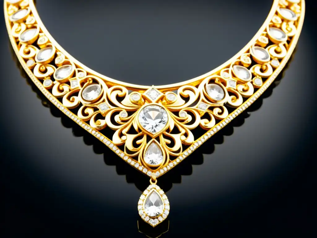 Un collar de lujo con diamantes y filigrana de oro, capturando la belleza y sofisticación de las joyas de lujo como símbolos de poder