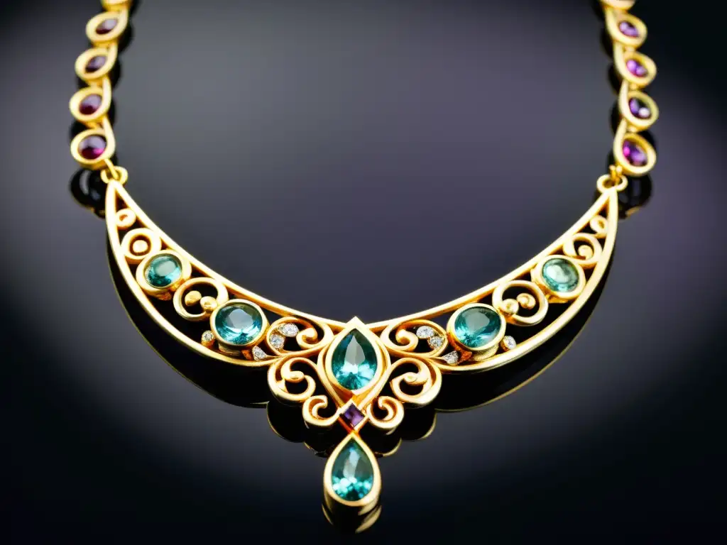 Collar Art Nouveau de lujo con gemas vibrantes y filigrana delicada, destacado sobre terciopelo oscuro