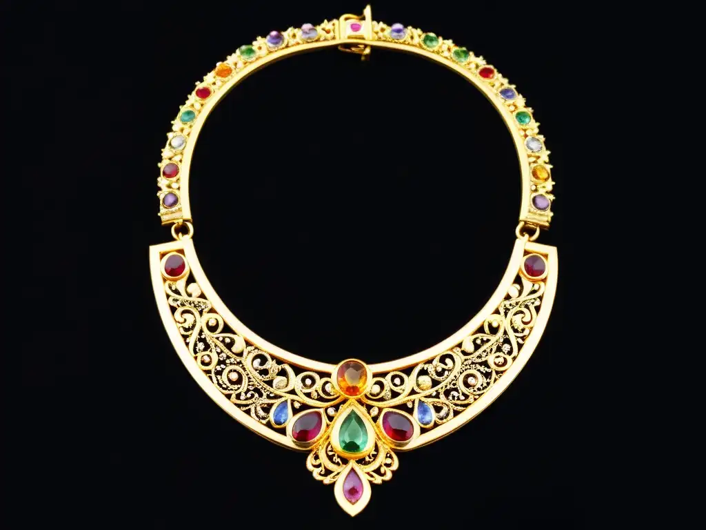 Un collar de oro con gemas en un fondo de terciopelo negro, destellos de luces suaves resaltan su diseño opulento