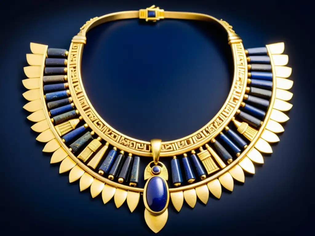 Collar de oro y lapislázuli de Egipto antiguo, muestra influencia de la moda egipcia en sus detalles y simbolismo