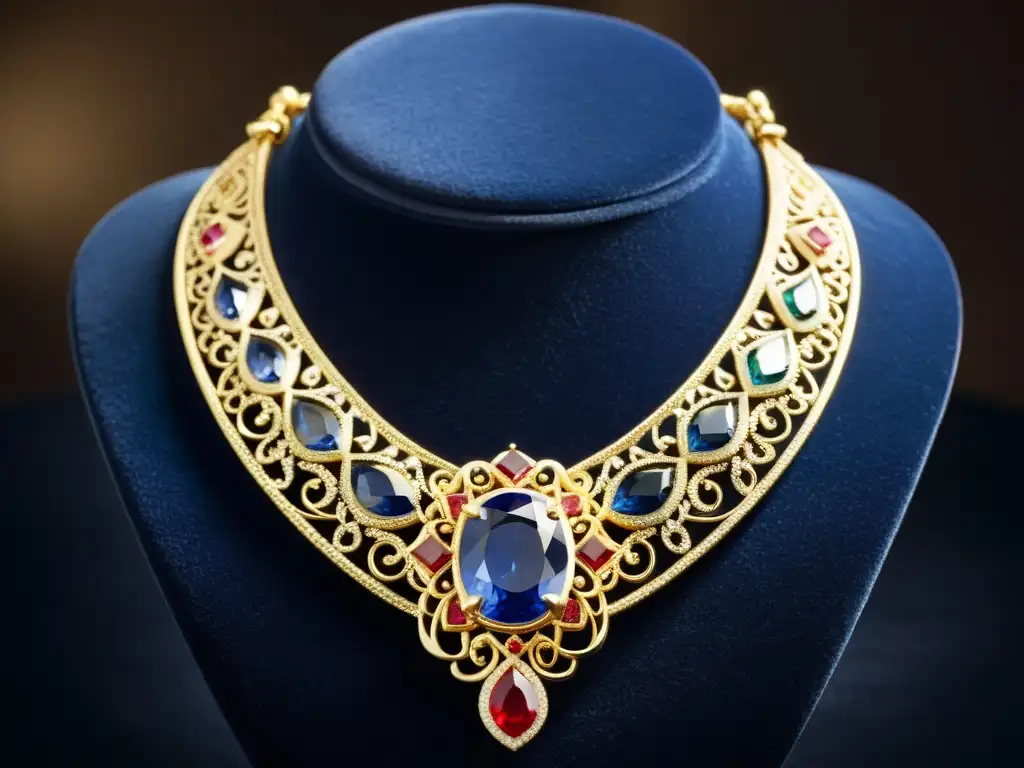 Collar de oro con zafiro rodeado de filigrana, rubíes y esmeraldas