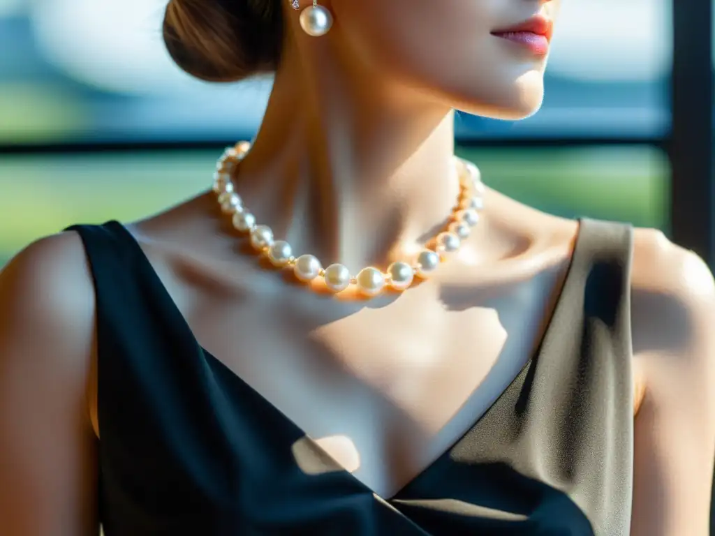 Collar de perlas sobre vestido negro, reflejando la revolución de la perla en moda con elegancia y sofisticación