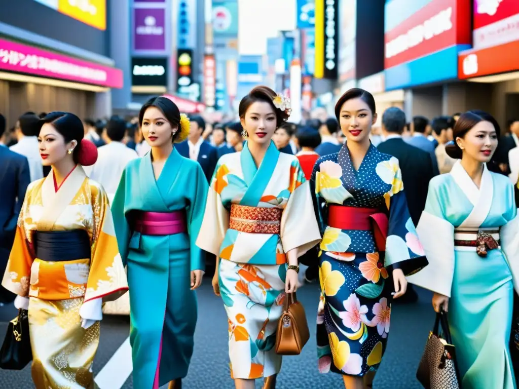 Una colorida calle de Tokio durante la Fashion Week, fusionando kimonos tradicionales con moda moderna