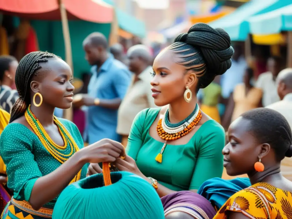 Colorida escena de un bullicioso mercado africano al aire libre, con vibrantes telas y la influencia africana en la moda contemporánea