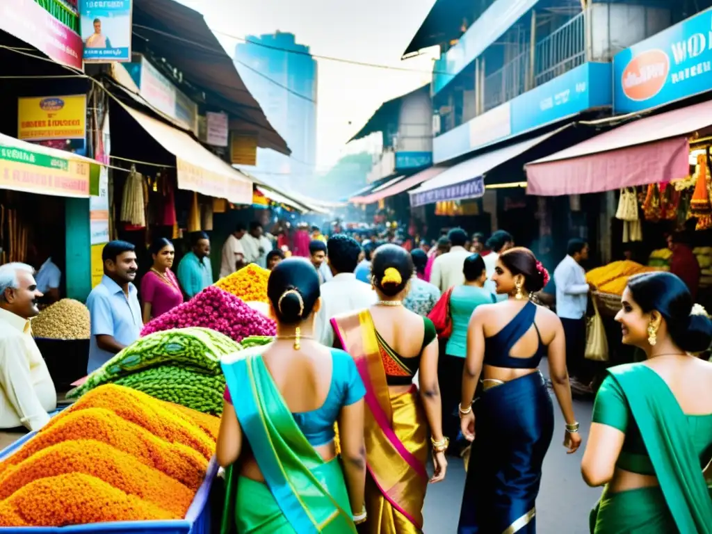 Coloridas tendencias de moda india influenciadas por Bollywood, capturando la energía de un bullicioso mercado en Mumbai