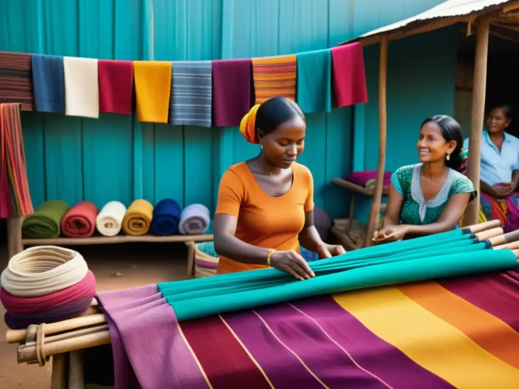 Colorido mercado textil en país en desarrollo, muestra origen y evolución moda sostenible con técnicas artesanales y materiales éticos