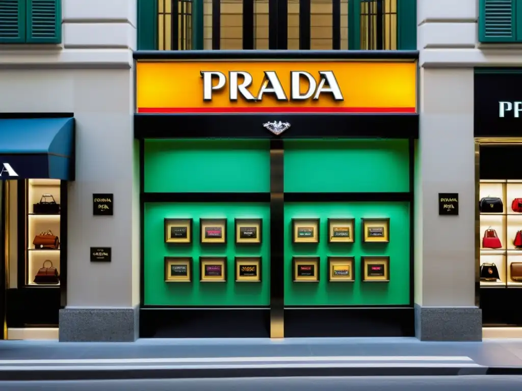 Transformación de Prada en coloso: Imagen detallada de la boutique original en Milán, con vintage signage y bulliciosas calles, iluminada por cálida luz natural