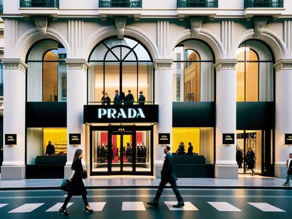 La transformación de Prada en coloso: imagen documental de la tienda insignia en Milán, con su diseño moderno y el bullicio de la moda