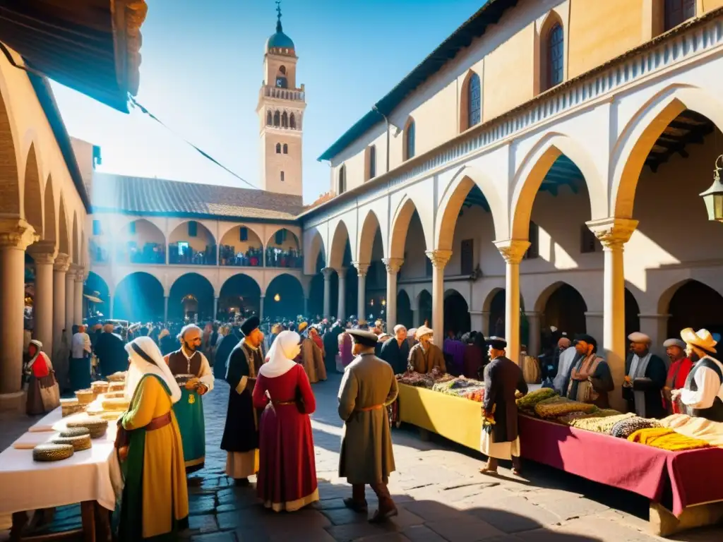 Comercio textil durante Renacimiento Tardío: Mercado bullicioso con lujosas telas coloridas, edificios históricos y animada multitud elegante