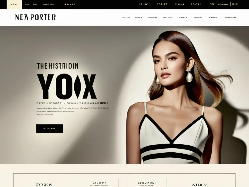 Comparativa gigantes lujo online: Captura de pantalla de NetaPorter y YOOX mostrando diseño lujoso y experiencia de compra exclusiva