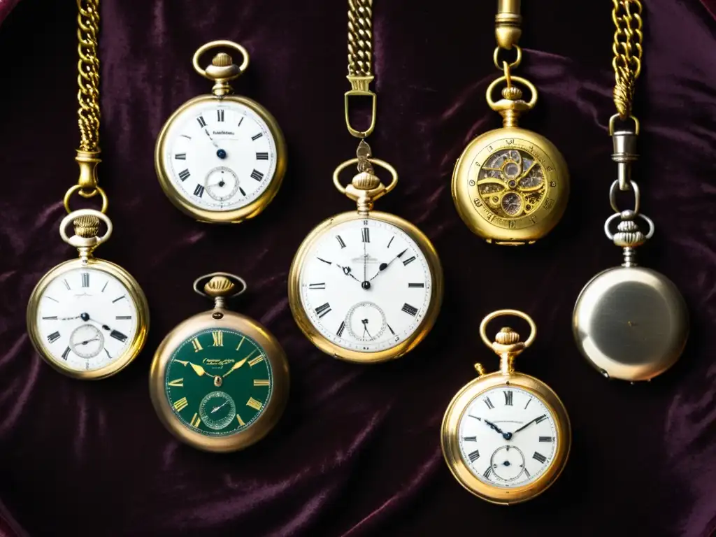 Una composición dramática de relojes de bolsillo históricos en terciopelo oscuro, evocando elegancia y herencia