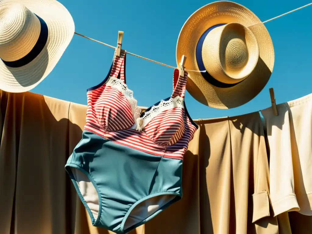 Compra vestimenta de baño vintage: detallada imagen de traje de baño antiguo en una cuerda, rodeado de artículos de playa retro