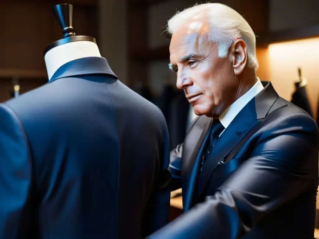 Giorgio Armani concentrado en su atelier, ajustando meticulosamente un desconstructed suit, rodeado de lujosas telas y su equipo de artesanos