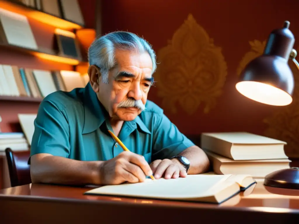 Gabriel García Márquez concentrado en su escritorio, rodeado de libros y papeles, con una sonrisa tenue