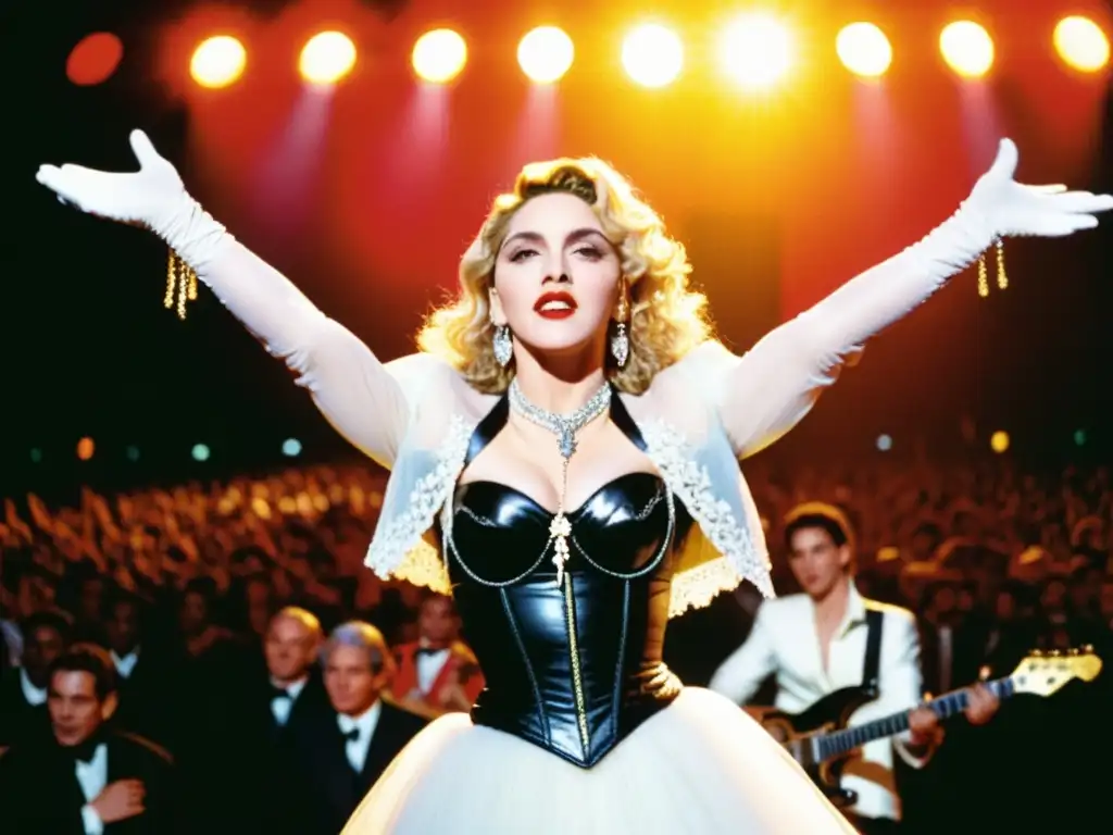 Madonna en concierto en los 80, con su icónico vestido de novia 'Like a Virgin', guantes de encaje y velo de tul, mientras la multitud aclama