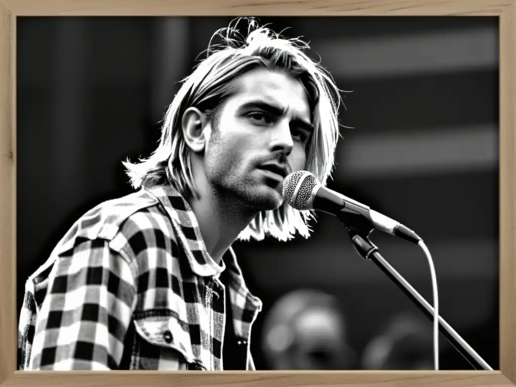 Kurt Cobain en concierto, en blanco y negro, transmitiendo la esencia y el impacto cultural de la moda grunge