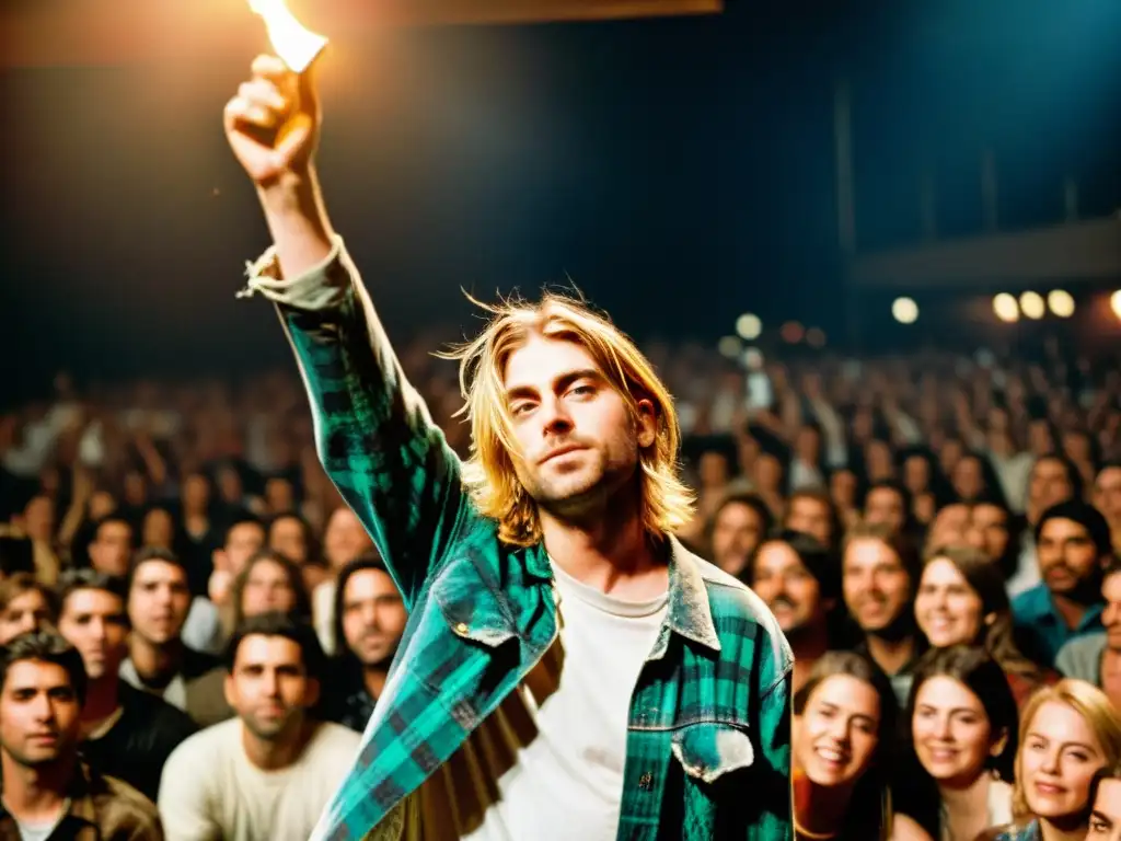 Kurt Cobain en concierto rodeado de fans, reflejando el impacto cultural del grunge en la moda de los 90