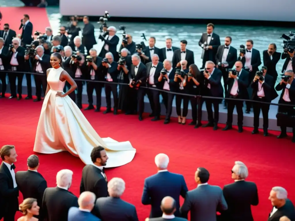 Una concurrida alfombra roja en el Festival de Cine de Venecia, capturando el impacto cultural de la moda con celebridades y moda de vanguardia