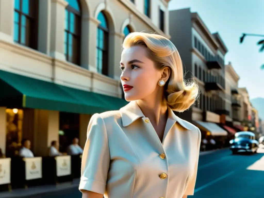 Grace Kelly camina elegantemente por una concurrida calle de Hollywood, capturando su influencia en la moda