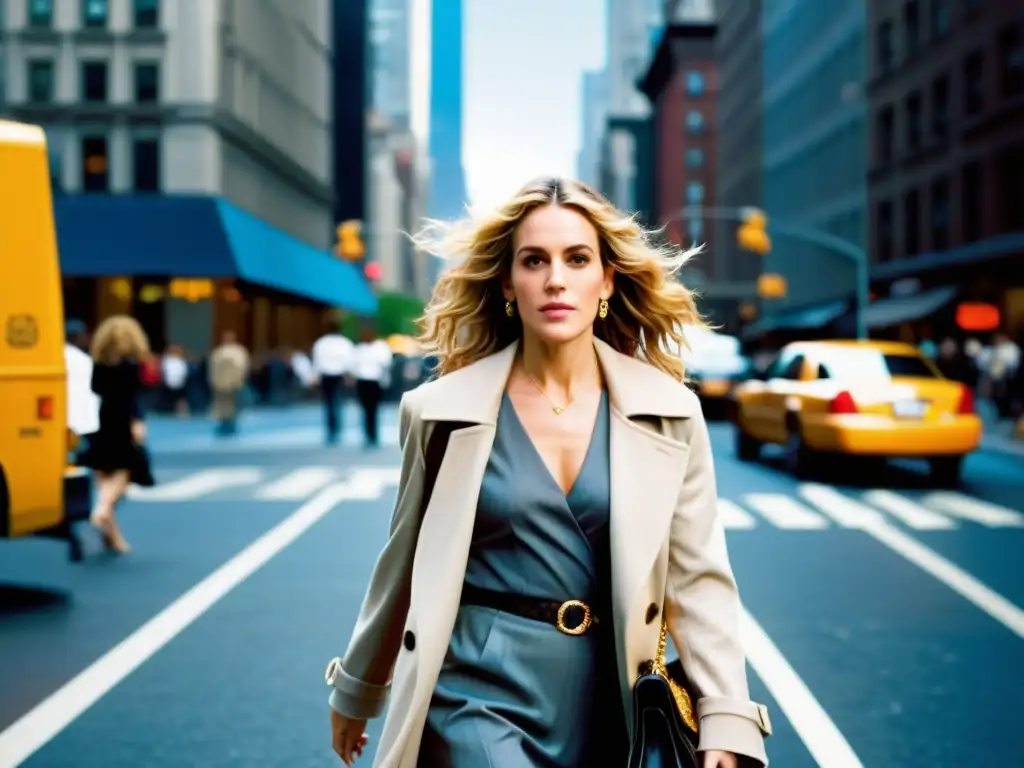 Carrie Bradshaw irradia confianza y estilo mientras pasea por las animadas calles de Nueva York