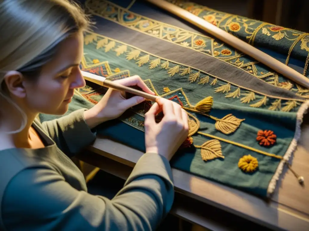 Conservadores restaurando una tapicería medieval en un taller atmosférico, resaltando la comparativa telas moda impacto cultural