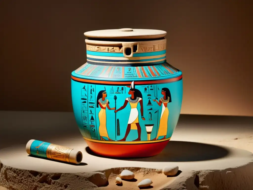 Contenedor cosmético egipcio antiguo bien conservado, con jeroglíficos y colores vibrantes, revelando secretos cosméticos del Antiguo Egipto