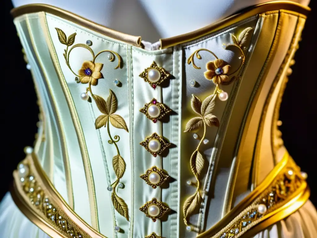 Un corpiño barroco ricamente bordado con hilo dorado y adornado con perlas y piedras preciosas, destacando la opulencia y artesanía de la moda barroca