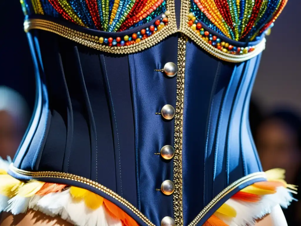 Corset bordado con plumas, lentejuelas y cuentas en un diseño vibrante y detallado, reflejando el impacto cultural de Jean Paul Gaultier en la moda