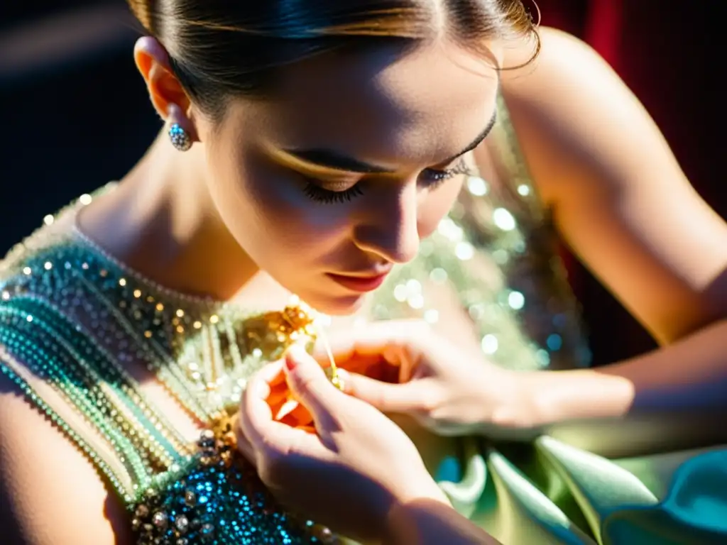 Una costurera concentradísima cose meticulosamente cuentas en un vestido de alta costura en el bullicio del backstage de una semana de la moda