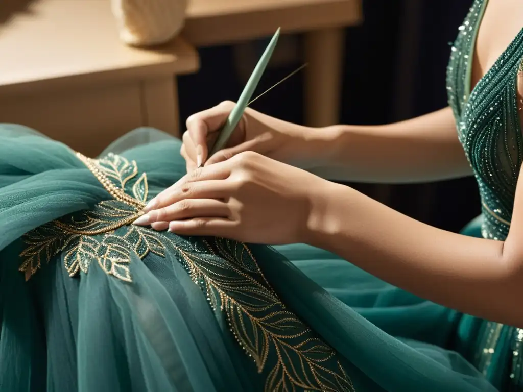 Una costurera crea con esmero un elegante vestido de noche Elie Saab, resaltando la artesanía y la dedicación a la moda sostenible