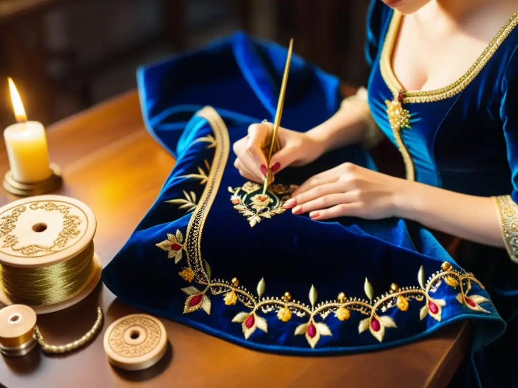 Una costurera borda meticulosamente patrones florales en terciopelo azul, con hilos dorados brillando a la luz de las velas