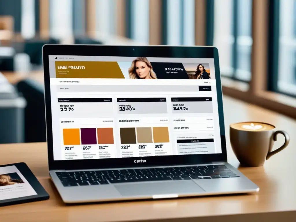 Creación de campañas de email marketing personalizado moda en pantalla de ordenador, rodeada de revistas de moda y elementos profesionales