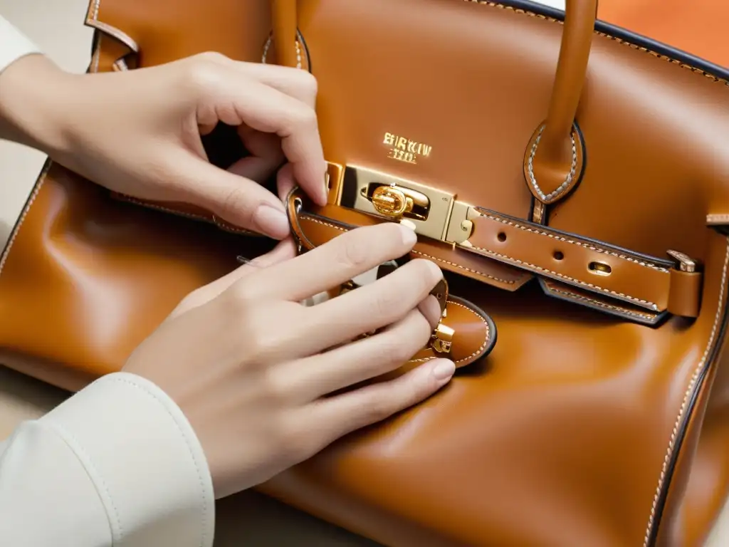 Creación del icónico bolso Birkin: Detalle de artesano de Hermès cosiendo a mano con destreza el bolso, destacando la artesanía y atención al detalle