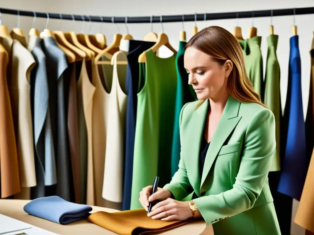 Stella McCartney supervisa la creación de moda sustentable, mostrando su pasión y compromiso en su atelier