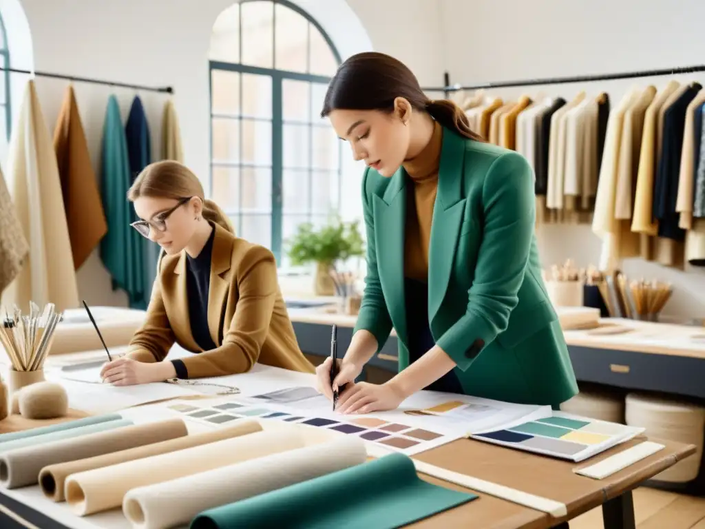 Dos creativos conversan apasionadamente en un taller de moda, rodeados de telas y bocetos