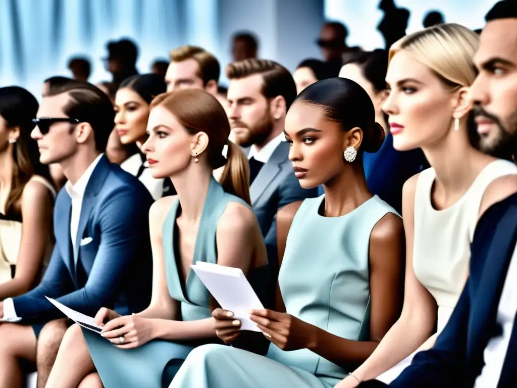 Un crítico de moda examina detenidamente un desfile desde la primera fila, resaltando la importancia de reseñas en moda