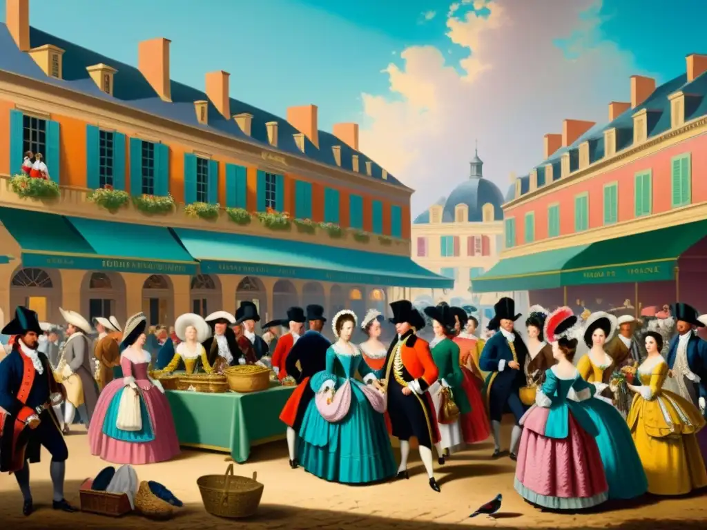 Mercado de moda en la Francia del siglo XVIII Cuadro detallado de la moda en la Francia del siglo XVIII, reflejando el impacto cultural de la Revolución Francesa con colores vibrantes y opulencia