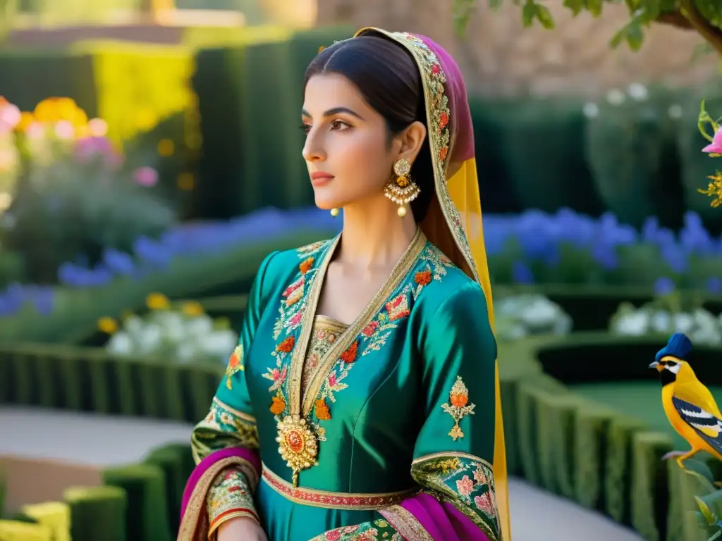 Una dama noble persa Safávida en un exquisito vestido de seda bordado, joyas de oro y velo, en un jardín exuberante con aves y flores