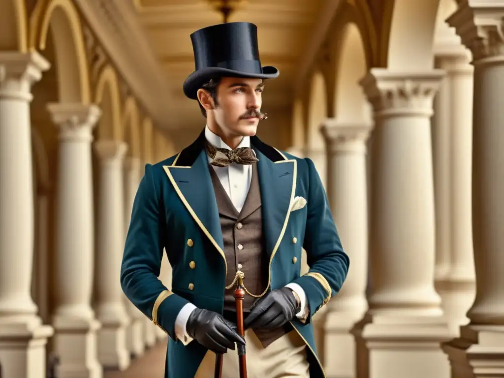 Un dandy del siglo XIX elegantemente vestido con un traje a medida, sombrero de copa y bastón, frente a una arquitectura victoriana opulenta