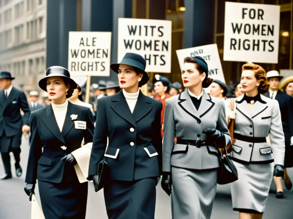 En la década de 1950, un poderoso desfile de mujeres con trajes y sombreros en una marcha por los derechos de la mujer