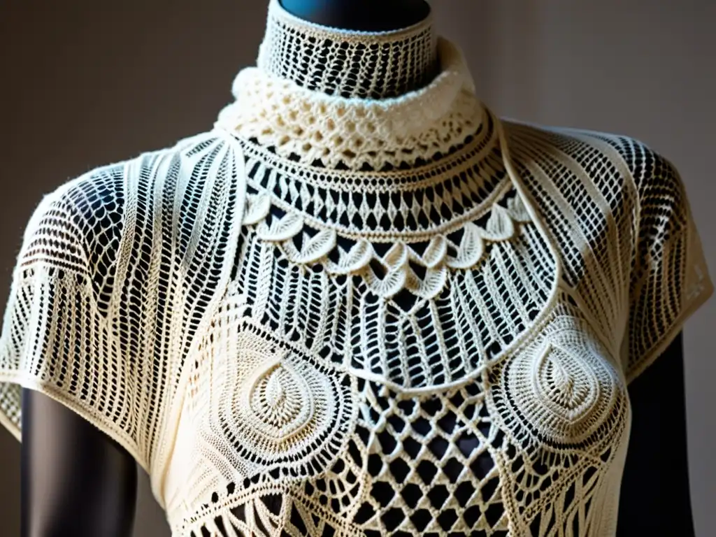 Un delicado encaje de ganchillo en un maniquí, resaltando la historia del crochet en la moda con su exquisita artesanía y detalle