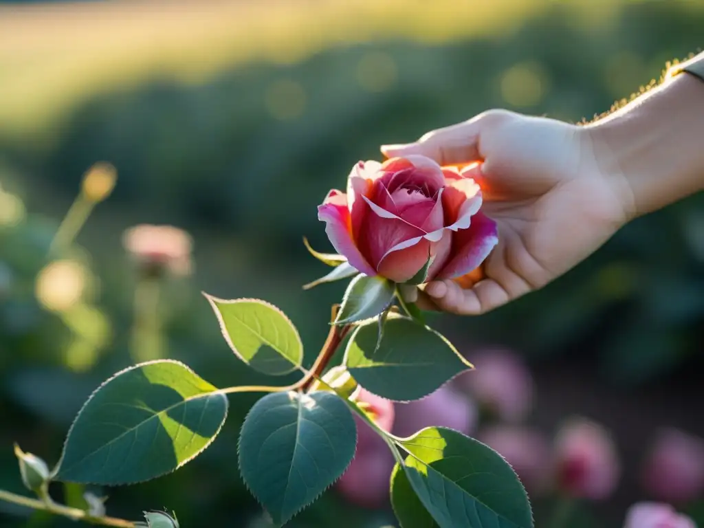 Un delicado pétalo de rosa siendo cosechado a mano en un campo exuberante, evocando lujo natural en la belleza orgánica