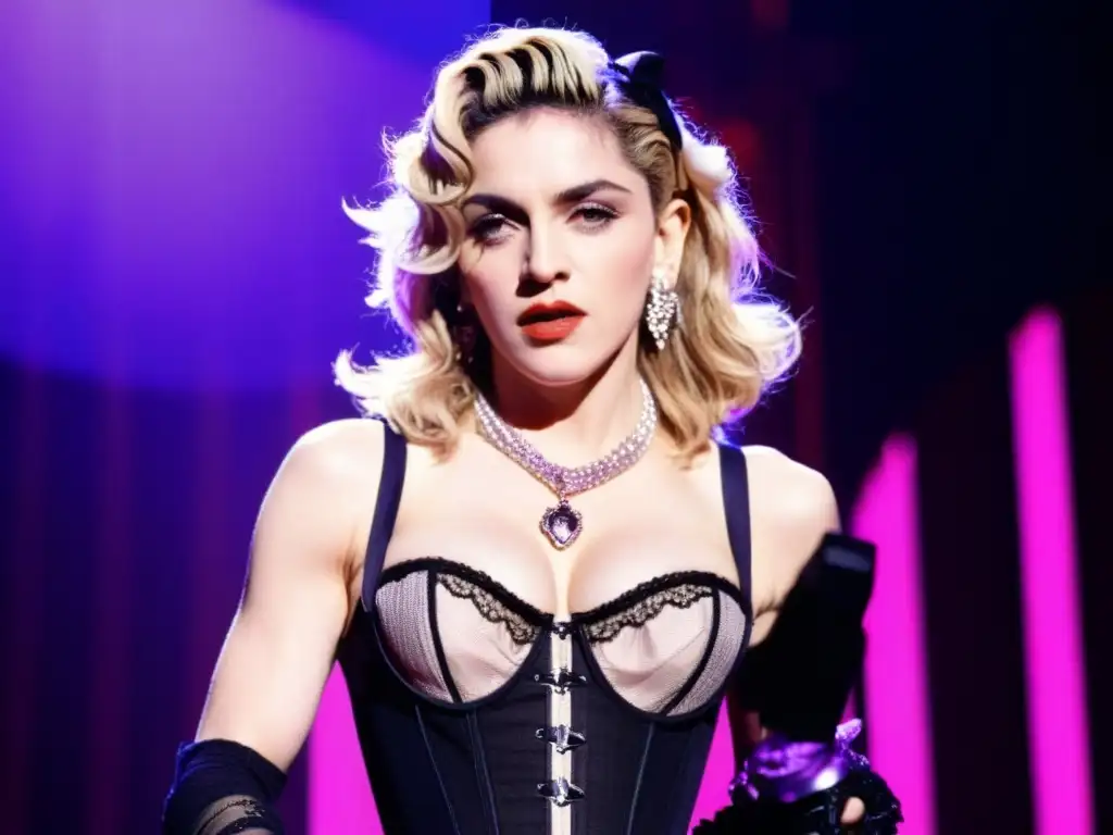 Madonna desafía con su estilo enérgico y rebelde en el escenario, capturando la revolución del estilo femenino en la música