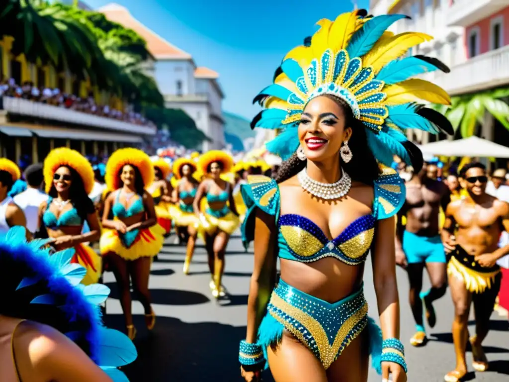 Desfile en las calles de Río de Janeiro durante el Carnaval, muestra la exuberante moda brasileña influenciada por Carnaval