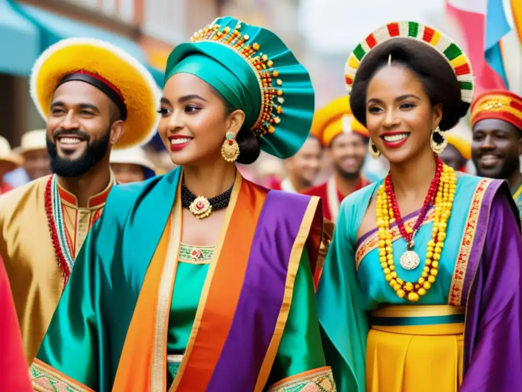 Desfile colorido con personas de diferentes culturas luciendo trajes tradicionales