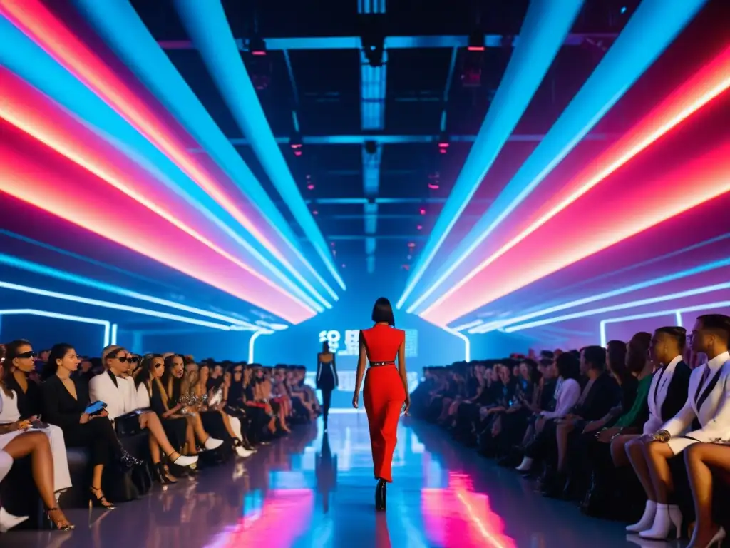 Desfile futurista con colaboraciones innovadoras moda tecnología, modelos en pasarela de luces neon