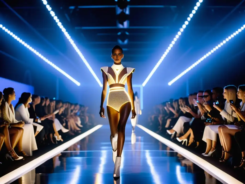 Un desfile futurista con colaboraciones innovadoras moda tecnología, modelos lucen prendas tecnológicas con luces LED y circuitos, en un ambiente de asombro y emoción