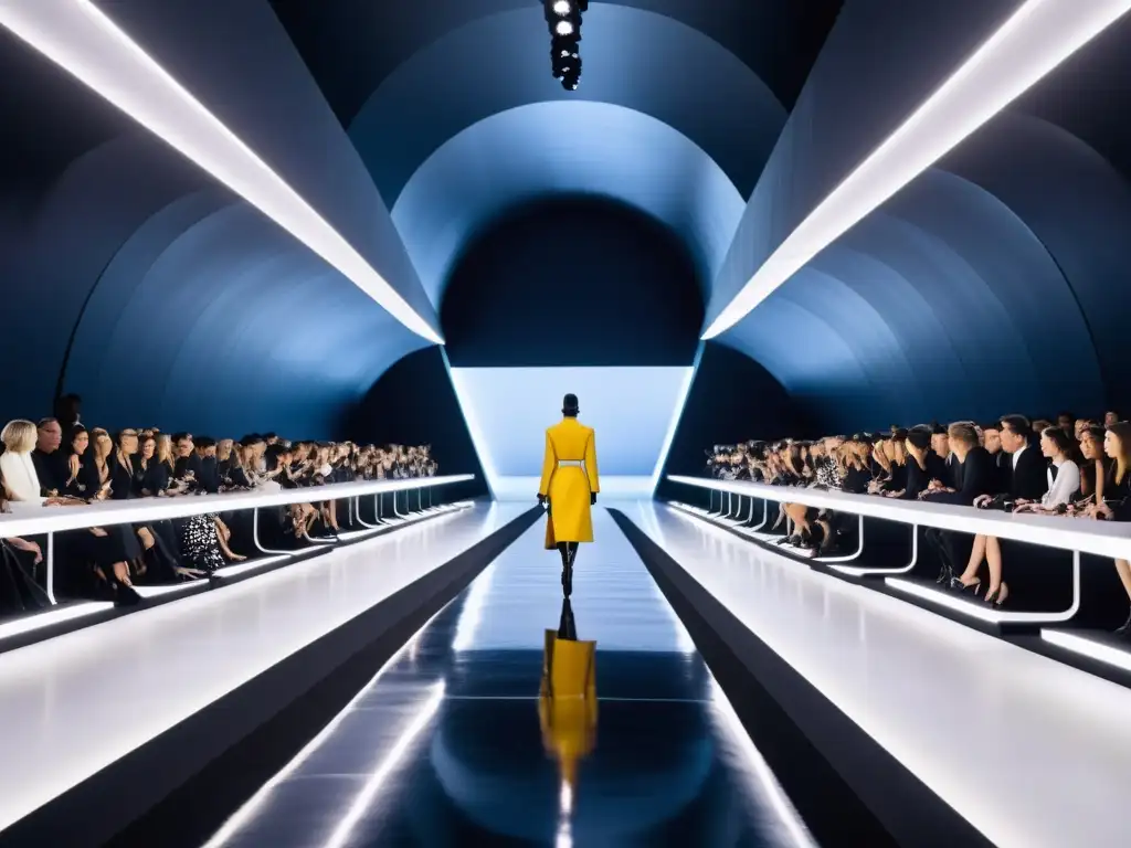 Desfile futurista de Balenciaga con impacto cultural moda siglos: modelos, público y escenario de vanguardia en evento de alta costura