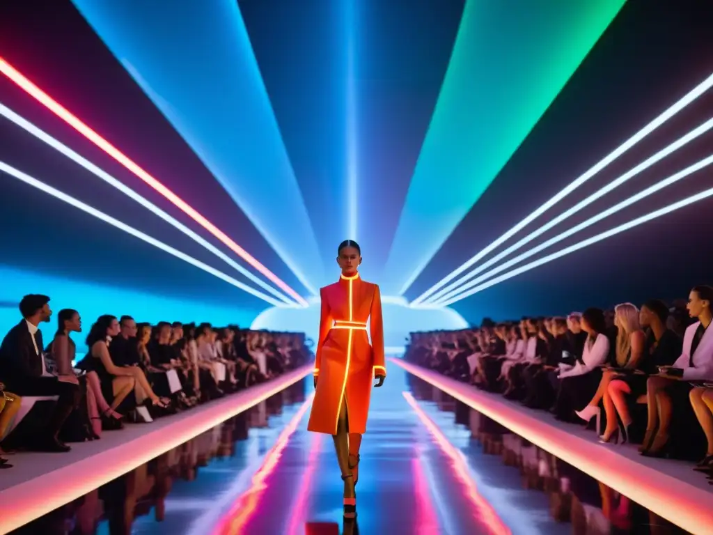 Desfile futurista de moda con impacto cultural, modelos lucen ropa tecnológica en pasarela de neón y hologramas cambiante de ciudades