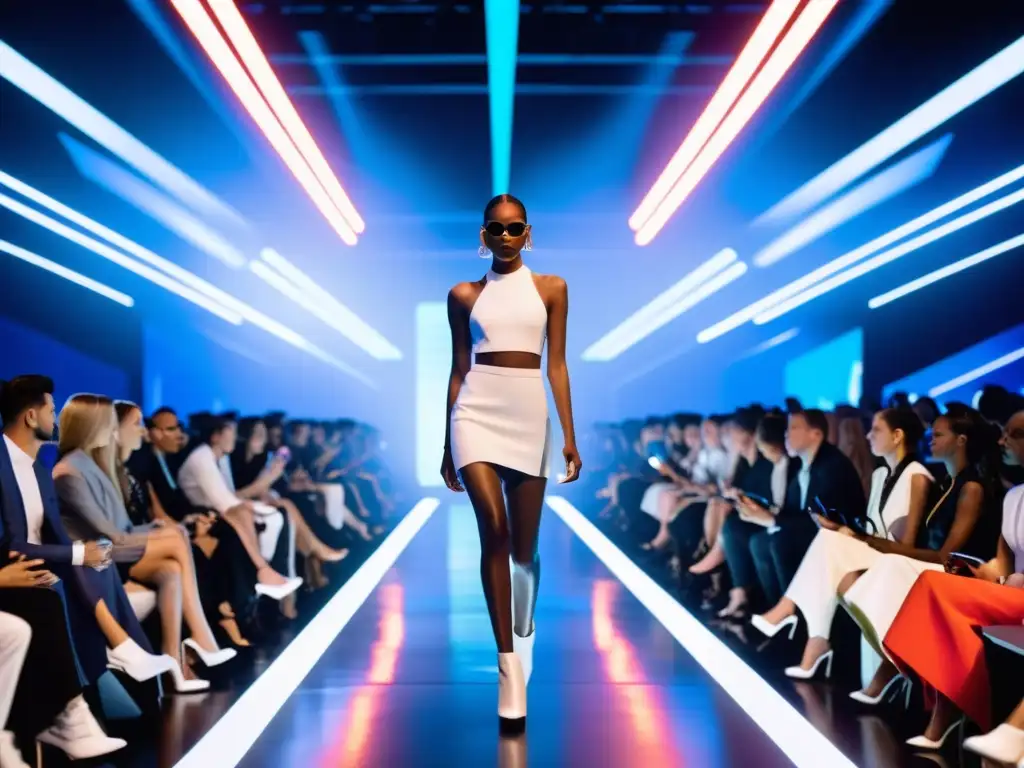 Un desfile futurista con modelos luciendo colaboraciones innovadoras moda tecnología, rodeados de una multitud y luces vibrantes